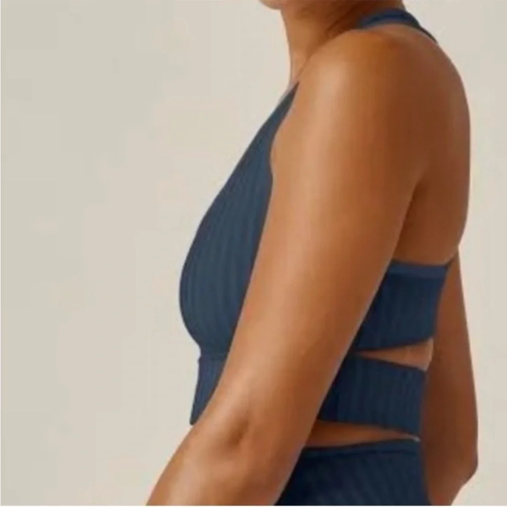 Like New Beyond Yoga Work It Over Long Line Sports Bra Navy Stripe XL Retail $70